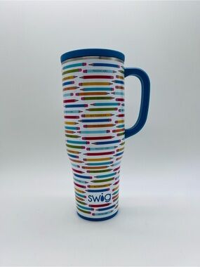 Swig Insulated Travel Mug with Colorful Pencil Design — Blue Handle 45 ounces